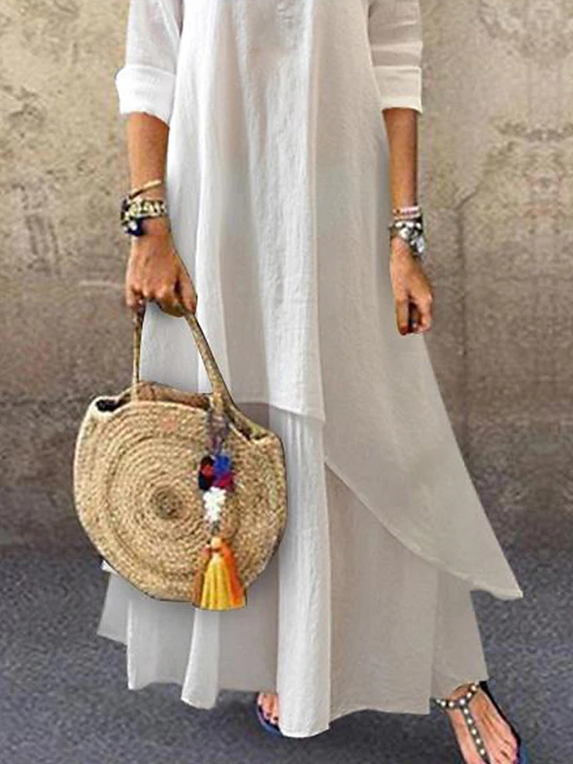 Women's Cotton Linen Dress Casual Dress Swing Dress Maxi long Dress Cotton Blend Basic Casual Outdoor Daily V Neck Ruched Layered Half Sleeve Summer Spring Fall 2023 Loose Fit White Plain S M L XL 2XL