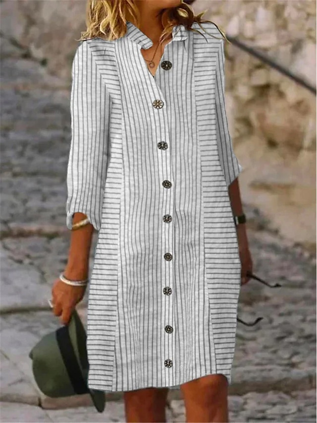 Women's Shirt Dress Casual Dress Cotton Linen Dress Midi Dress Cotton Blend Modern Casual Outdoor Daily Vacation Shirt Collar Print Button Up 3/4 Length Sleeve Summer Spring Fall 2023 Regular Fit Gray