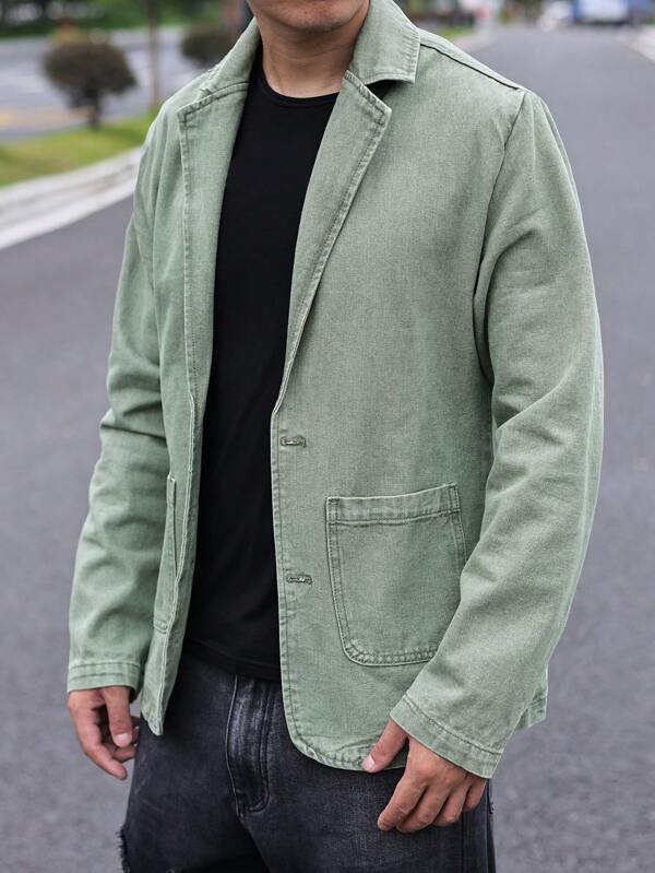 Men Solid Pocket Patched Denim Jacket