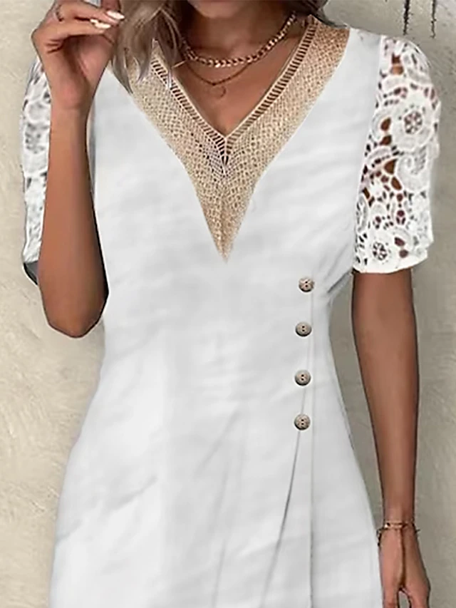 Women's Casual Dress Cotton Linen Dress Shift Dress Midi Dress Cotton Blend Fashion Modern Outdoor Office Daily V Neck Lace Patchwork Short Sleeve Summer Spring 2023 Regular Fit White Plain S M L XL