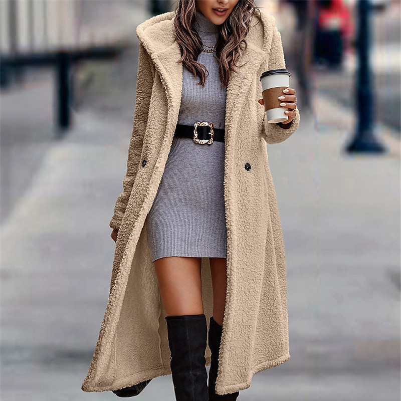 Women's Long Teddy Coat Fall Sherpa Jacket Warm Fleece Daily Going out Button Pocket Buttoned Front Hoodie Casual Solid Color Regular Fit Outerwear Long Sleeve Winter Black Brown Chocolate S M L XL