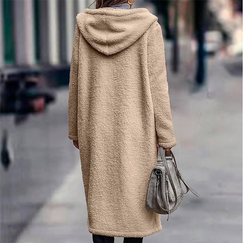 Women's Long Teddy Coat Fall Sherpa Jacket Warm Fleece Daily Going out Button Pocket Buttoned Front Hoodie Casual Solid Color Regular Fit Outerwear Long Sleeve Winter Black Brown Chocolate S M L XL