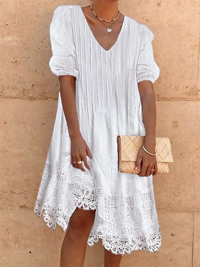 Women's Casual Dress Cotton Linen Dress Swing Dress Midi Dress Cotton Blend Fashion Modern Outdoor Daily Vacation V Neck Lace Ruched Half Sleeve Summer Spring Fall 2023 Loose Fit White Plain S M L XL