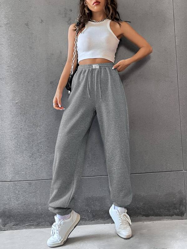 Letter Patched Drawstring Waist Sweatpants