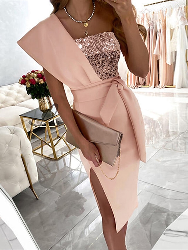 Women's Party Dress Sequin Dress Cocktail Dress Midi Dress Pink Sleeveless Pure Color Lace up Spring Fall Winter One Shoulder Fashion Winter Dress Wedding Guest Vacation 2023