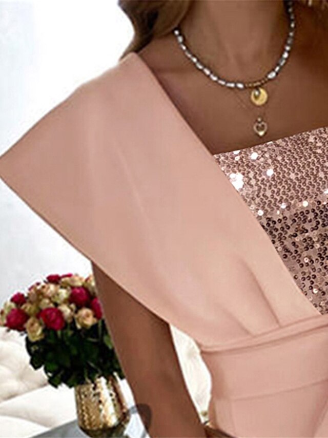 Women's Party Dress Sequin Dress Cocktail Dress Midi Dress Pink Sleeveless Pure Color Lace up Spring Fall Winter One Shoulder Fashion Winter Dress Wedding Guest Vacation 2023