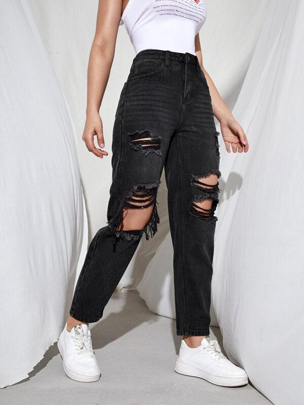 High Waist Ripped Cut Out Jeans