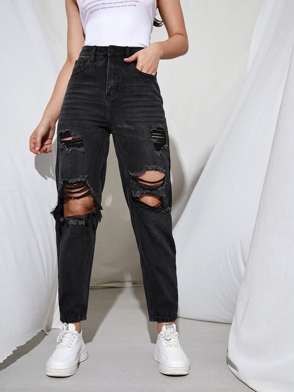 High Waist Ripped Cut Out Jeans