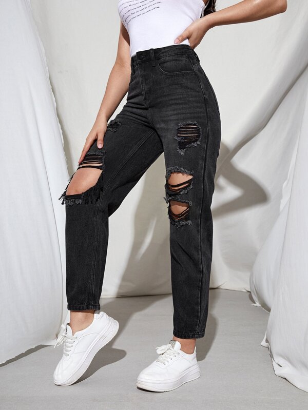 High Waist Ripped Cut Out Jeans