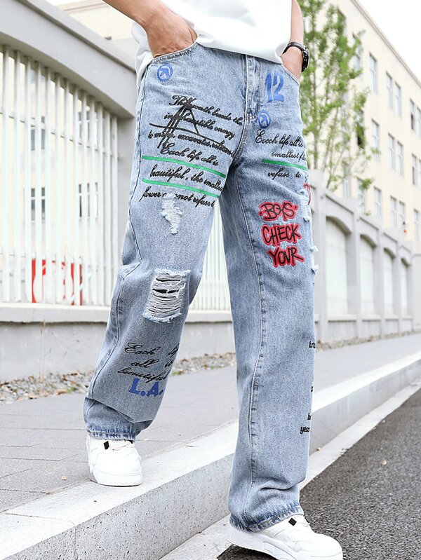 Men Cotton Slogan Graphic Ripped Straight Leg Jeans