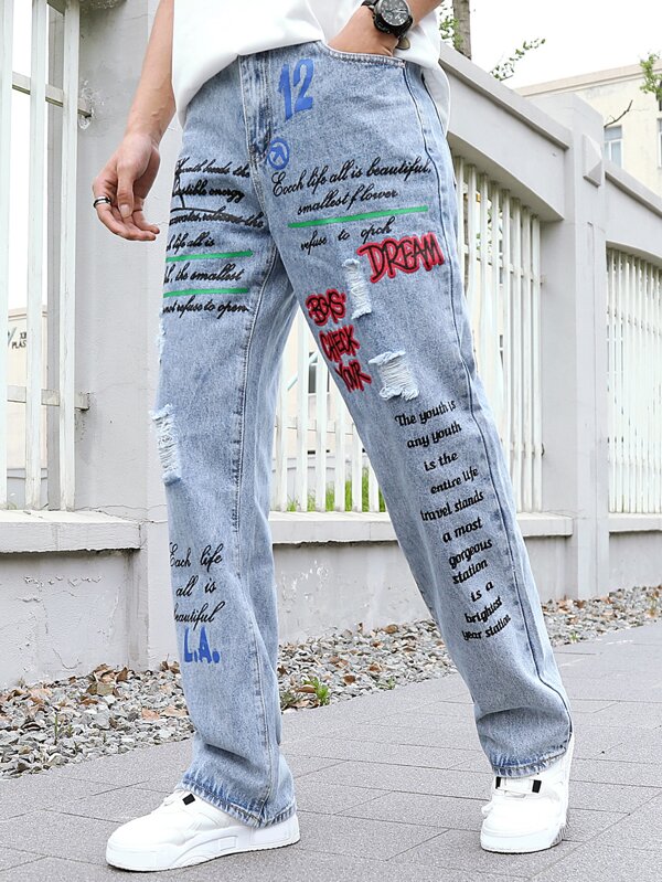 Men Cotton Slogan Graphic Ripped Straight Leg Jeans