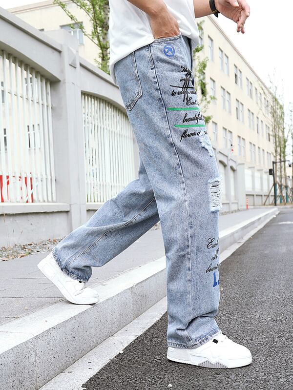 Men Cotton Slogan Graphic Ripped Straight Leg Jeans