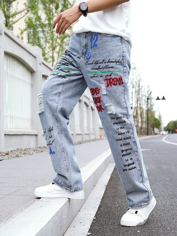 Men Cotton Slogan Graphic Ripped Straight Leg Jeans