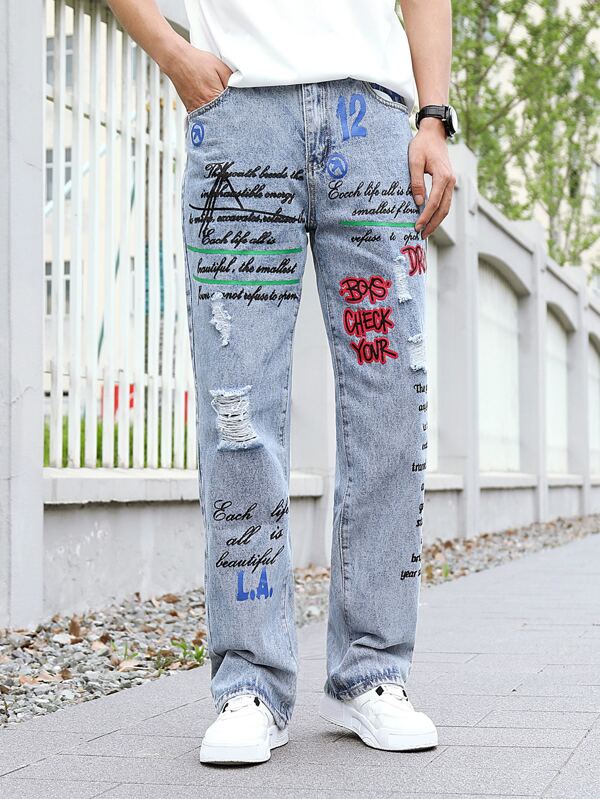 Men Cotton Slogan Graphic Ripped Straight Leg Jeans