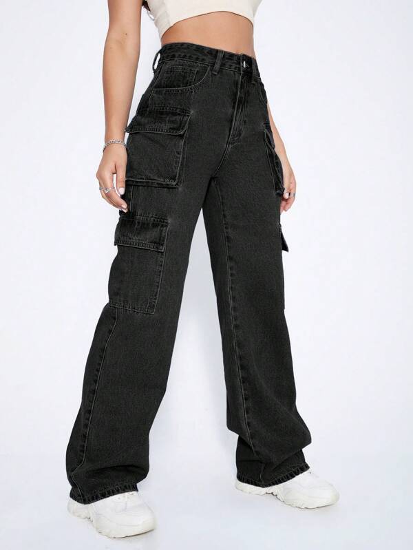 High Waist Flap Pocket Cargo Jeans