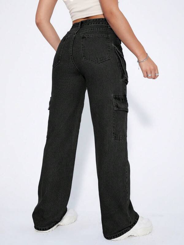 High Waist Flap Pocket Cargo Jeans