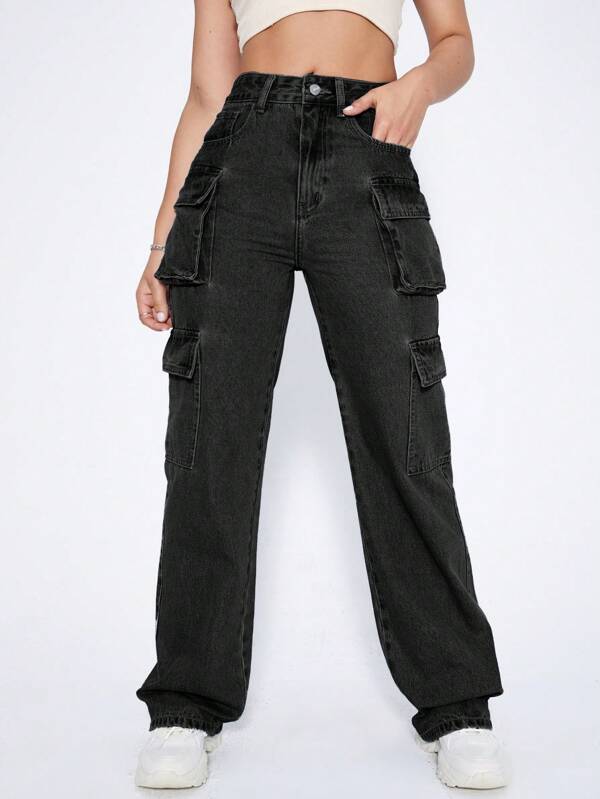 High Waist Flap Pocket Cargo Jeans