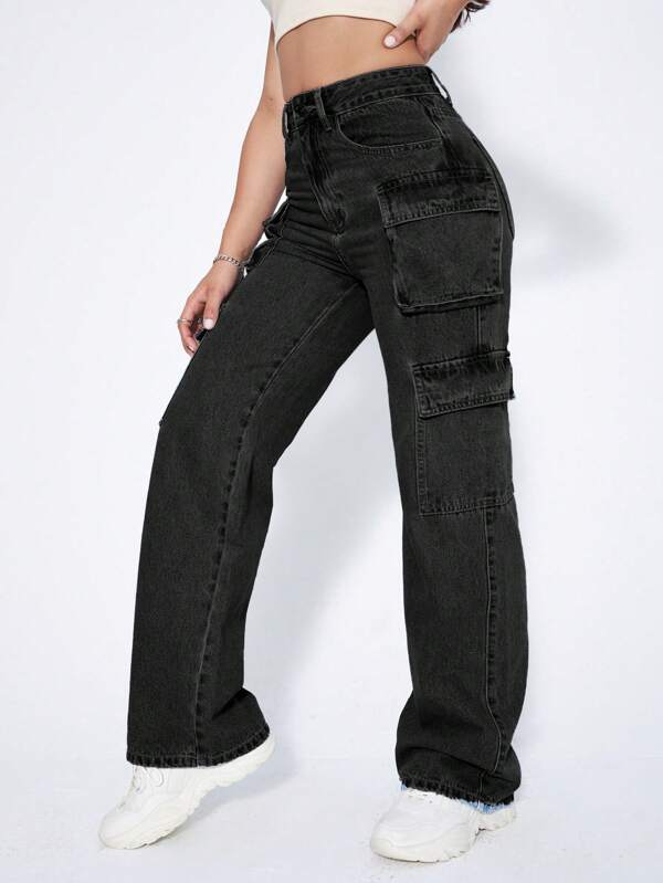 High Waist Flap Pocket Cargo Jeans