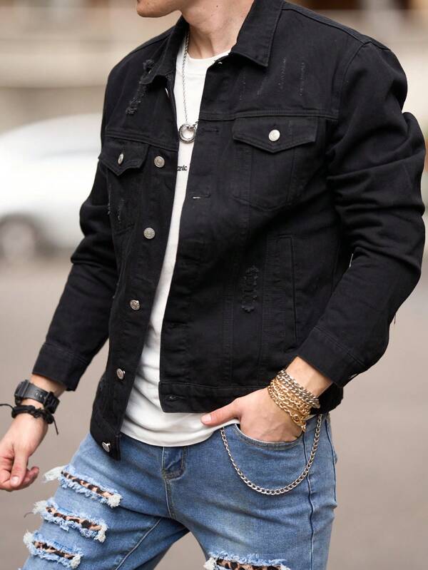 Men Ripped Flap Pocket Denim Jacket