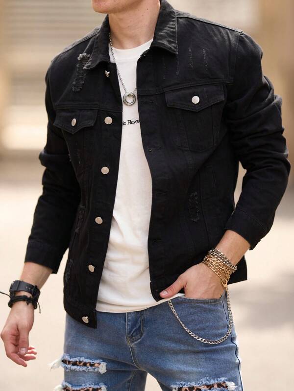 Men Ripped Flap Pocket Denim Jacket