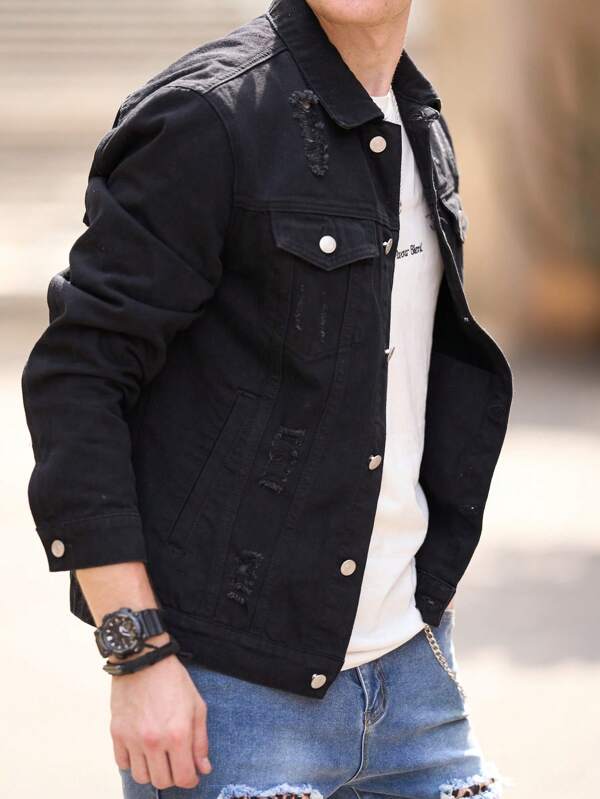 Men Ripped Flap Pocket Denim Jacket