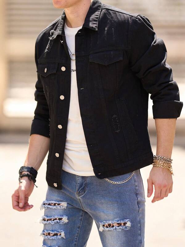 Men Ripped Flap Pocket Denim Jacket