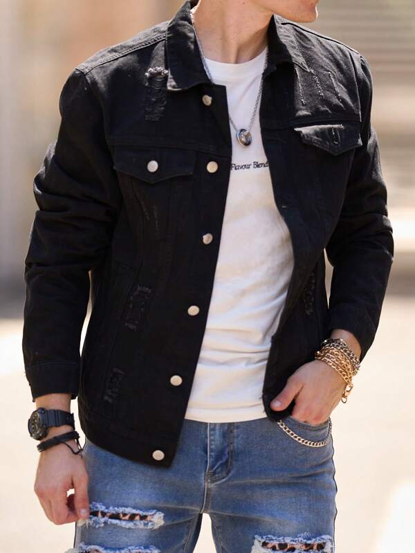 Men Ripped Flap Pocket Denim Jacket