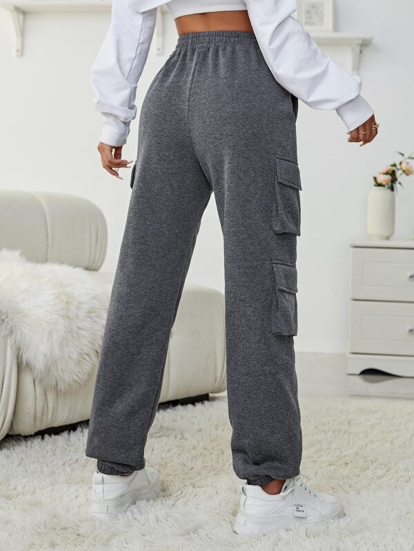 Solid Pocket Patched Elastic Waist Sweatpants