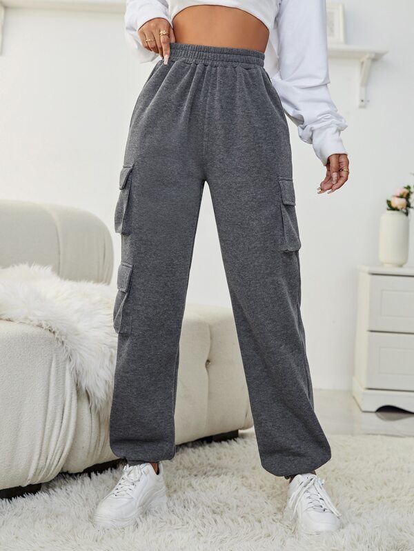 Solid Pocket Patched Elastic Waist Sweatpants