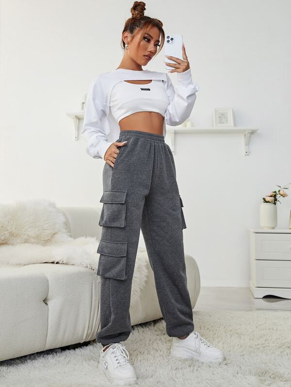 Solid Pocket Patched Elastic Waist Sweatpants