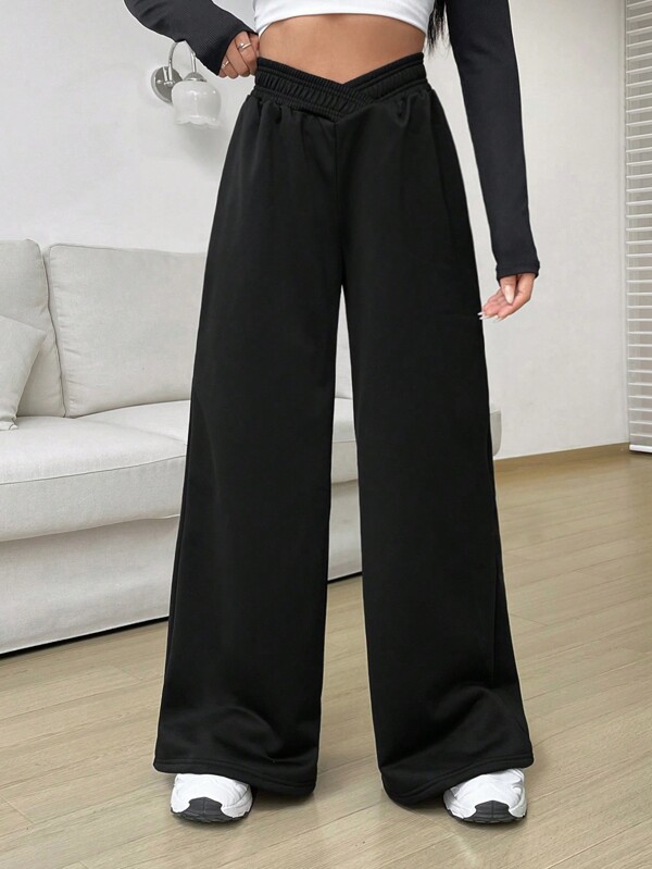 Solid V Waist Wide Leg Sweatpants