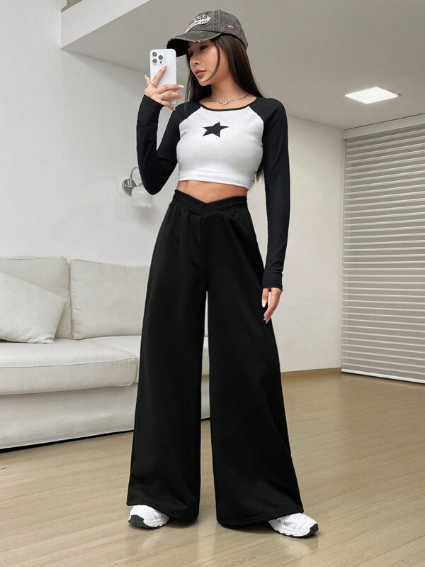 Solid V Waist Wide Leg Sweatpants