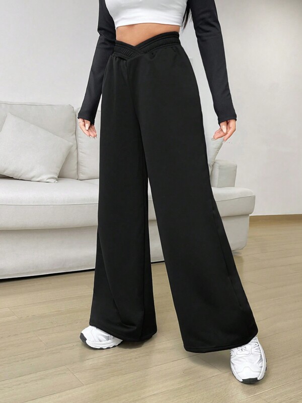 Solid V Waist Wide Leg Sweatpants