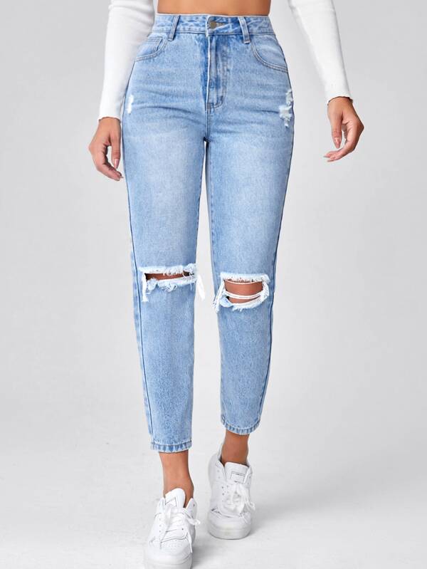 Essnce High Waist Ripped Mom Fit Jeans