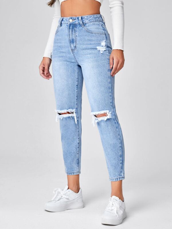 Essnce High Waist Ripped Mom Fit Jeans