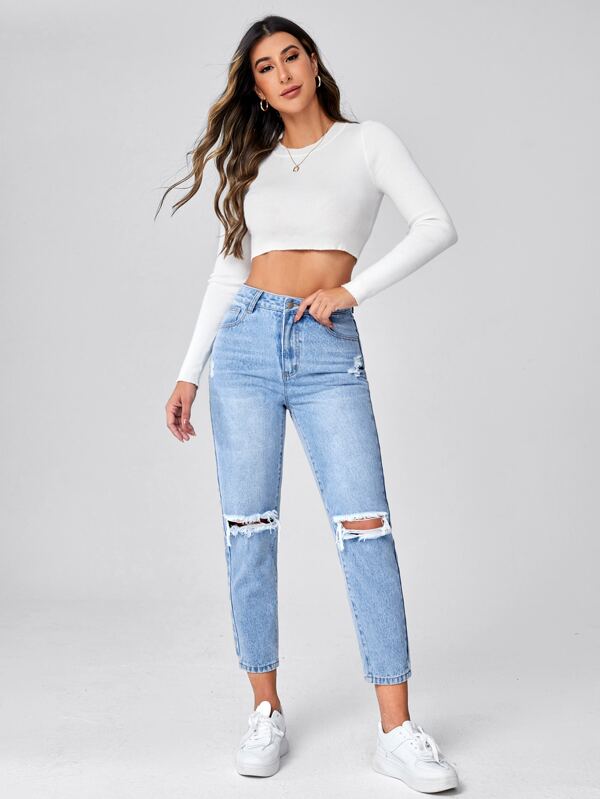 Essnce High Waist Ripped Mom Fit Jeans