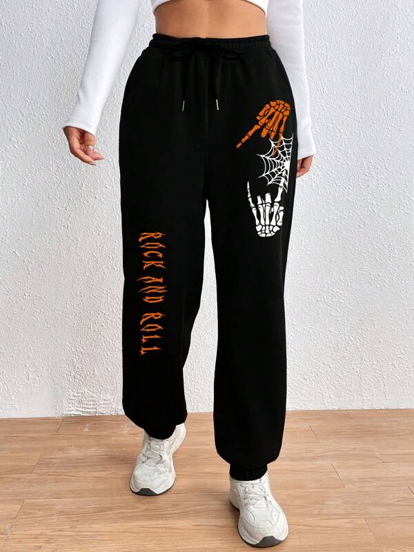 Halloween Skeleton Hand &amp; Letter Graphic Drawstring Waist Sweatpants