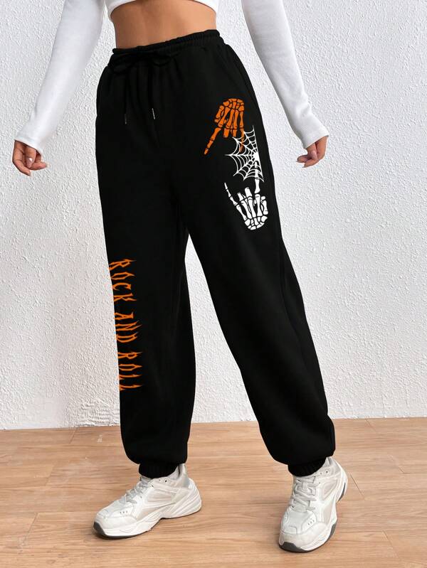 Halloween Skeleton Hand & Letter Graphic Drawstring Waist Sweatpants