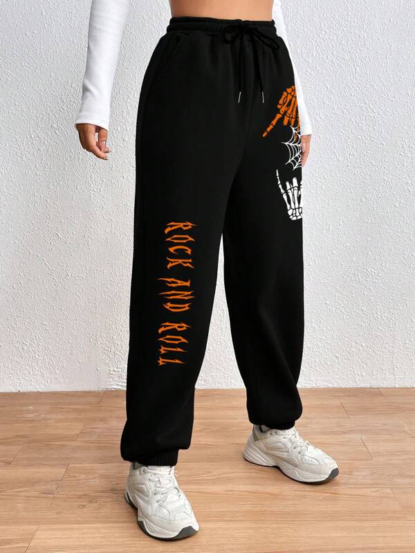 Halloween Skeleton Hand & Letter Graphic Drawstring Waist Sweatpants