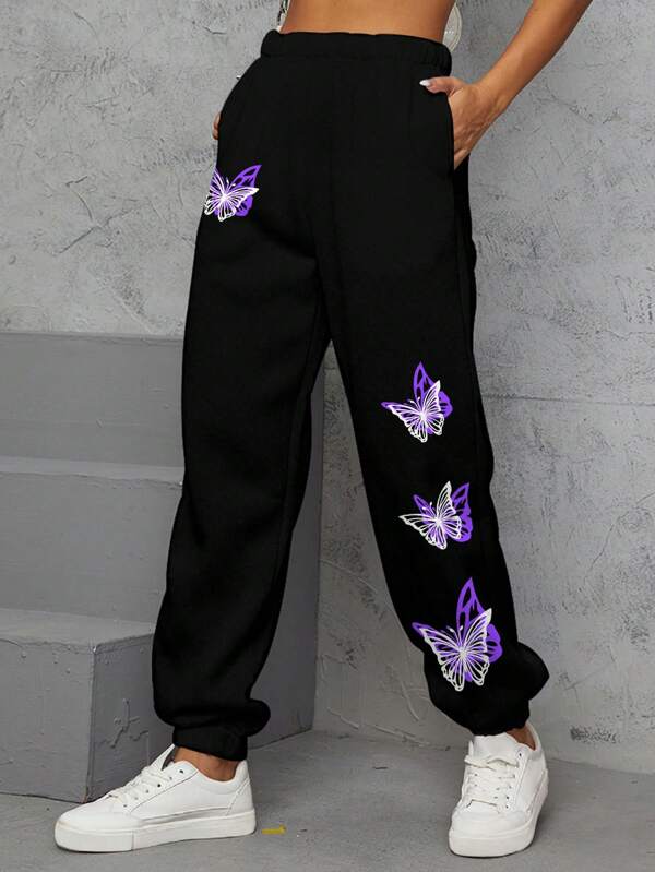 Butterfly Print Slant Pocket Sweatpants