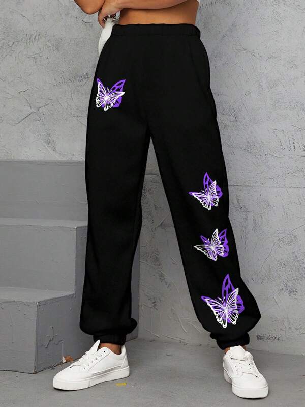 Butterfly Print Slant Pocket Sweatpants