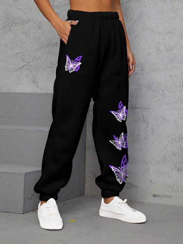 Butterfly Print Slant Pocket Sweatpants