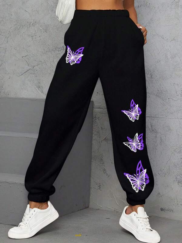 Butterfly Print Slant Pocket Sweatpants