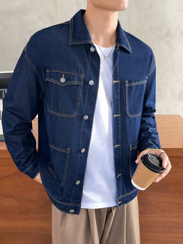 Men 1pc Flap Pocket Drop Shoulder Denim Jacket