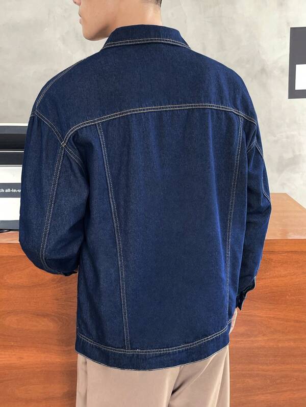 Men 1pc Flap Pocket Drop Shoulder Denim Jacket