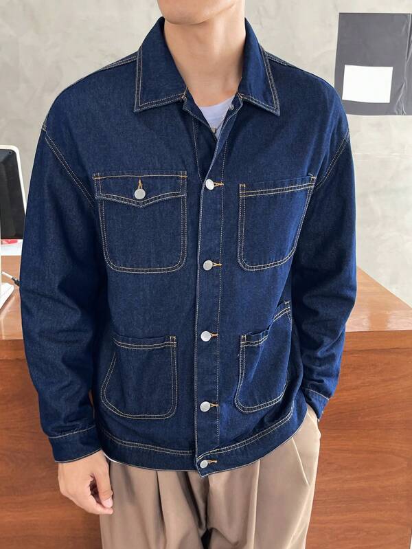 Men 1pc Flap Pocket Drop Shoulder Denim Jacket