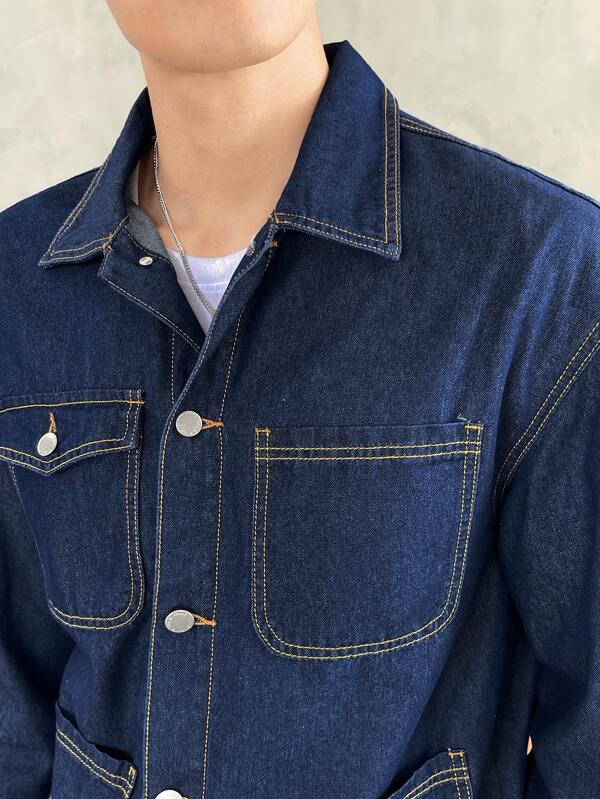 Men 1pc Flap Pocket Drop Shoulder Denim Jacket