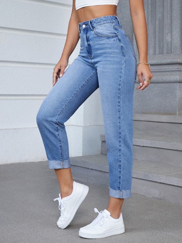 High Waist Bleach Wash Frayed Hem Mom Fit Jeans Without Belt