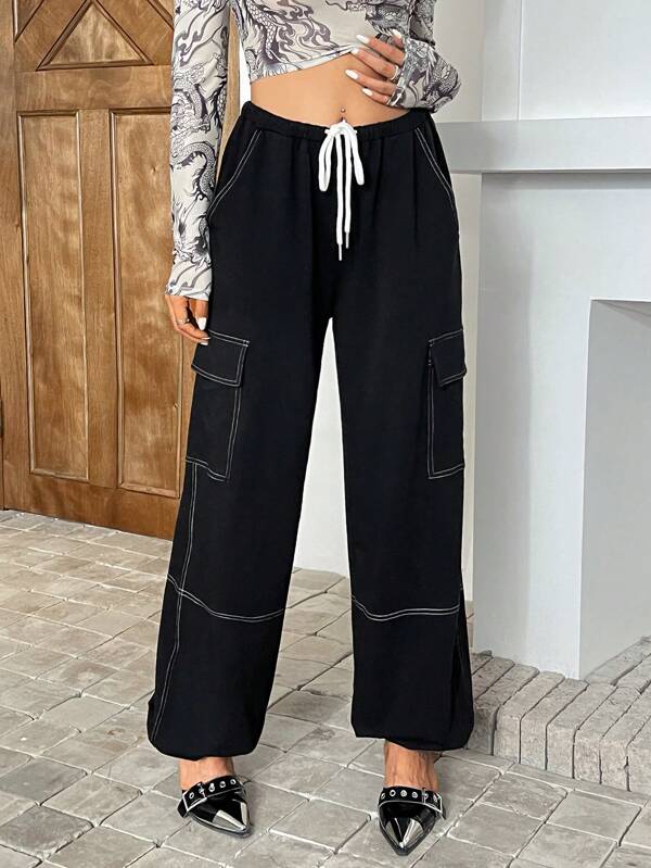 Top-stitching Drawstring Waist Flap Pocket Side Sweatpants