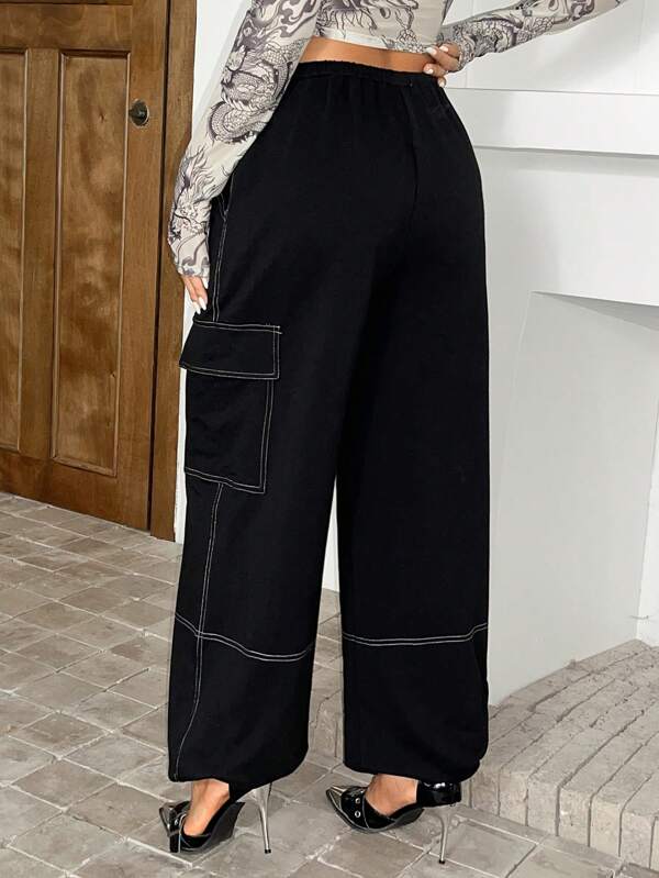 Top-stitching Drawstring Waist Flap Pocket Side Sweatpants